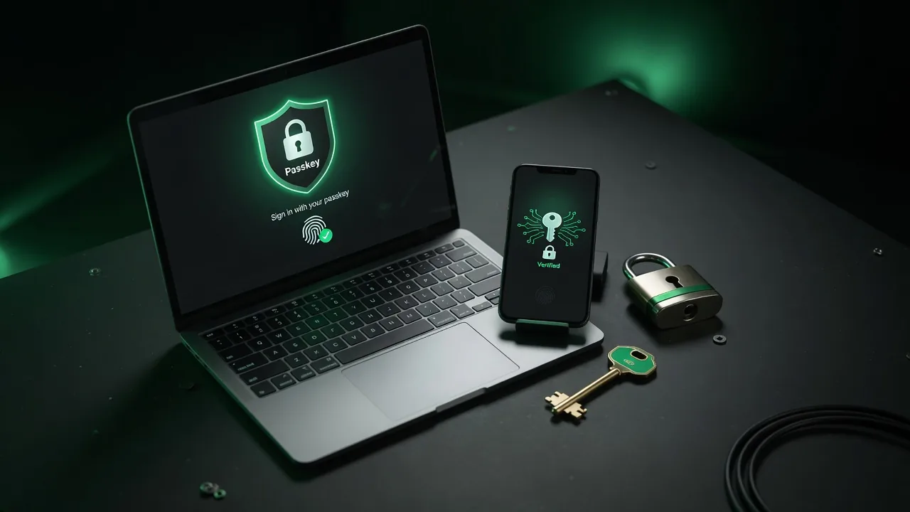 Laptop és telefon sötét asztalon, zár és kulcs motívummal